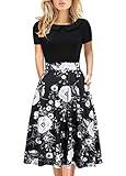 1950s Dress for Womens Retro Elegant Vintage Casual Party Pockets Special Occasion Teen Girl Cocktail Rockabilly Work Dress 978 (Black Floral M)