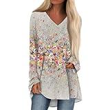 generic V Neck T Shirts for Women Fall Long Sleeve Tops Trendy Oversized Womens Shirts 2024 Plus Size Tunic Long Tops Casual Loose Fit Dressy Blouses Western Retro Floral Print Clothes Camel 5XL