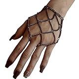 Bethynas Boho Tassel Chain Bracelet with Slave Finger Ring Gypsy Chain Ring Hand Harness Punk Gothic Hand Chain Goth Accessory for Women (Black)