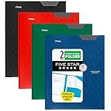 Five Star 2 Pocket Folders, 4 Pack, Plastic Folders with Stay-Put Tabs and Prong Fasteners, Holds 8-1/2" x 11" Paper, Writable Label, Black, Fire Red, Forest Green, Pacific Blue (38048)