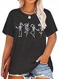 MK Shop Limited Dancing Skeleton Shirt Womens Plus Size Halloween Skull Tshirt Funny Skeletons Graphic Tee Fall Novelty Short Sleeve Tops