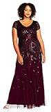 Adrianna Papell Women's Plus Size Floor Length Beaded Cap Sleeve V-Neck Dress, Cassis, 14W