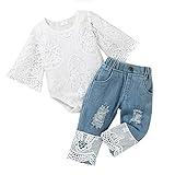 Tikoubabe Baby Girl Clothes Toddler Outfit Infant White Lace Romper Long Sleeve + Jeans Pants Clothing Set 3-6 Months 70cm