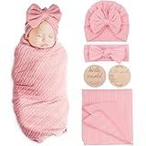 AQOKKA Newborn Receiving Blanket Wheat-Pattern Baby Girl Swaddles Wraps with Bow Hat Headband Wooden Card for Newborns Toddler Gift Baby Essentials