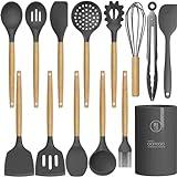 14 Pcs Silicone Cooking Utensils Kitchen Utensil Set - 446°F Heat Resistant,Turner Tongs, Spatula, Spoon, Brush, Whisk, Wooden Handle Gray Gadgets with Holder for Nonstick Cookware (BPA Free)