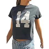 Number 14 Fitted Tee Jersey Summer Crop Top Short Sleeve Y2k Shirt Graphic Baby Tee Women (Black/White,M,Medium)