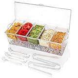 IVYHOME Ice Chilled 5 Compartment Condiment Server Caddy | Fruit Serving Tray | Condiment Pots with 5 Removable Dishes Over 2 Cup Capacity Each and Hinged Lid