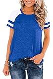 Heymiss Summer T Shirt for Women Crewneck Short Sleeve Tunic Tops Color Block Patchwork Blouse Loose Fitting Workout Blouses Petite Comfy Womens Tops Blue Small