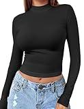 Womens Long Sleeve Crop Top Mock Turtleneck Sexy Slim Fitted Casual Base Layer Lightweight Soft Shirt Going Out Y2k Cute Black White Fall Tops for Women Trendy