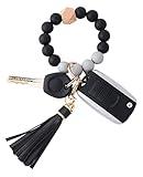 BAOSIWA Women Silicone Keychain Bracelet Beaded Wristlet Key Ring Black Bangle Chains with Leather Tassel