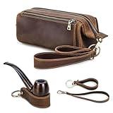 Contacts Travel Tobacco Pipe Pouch with Pipe Stand Full Grain Leather Smoking Pipe Accessories Organizer for 2 Pipes, Lighter, Cigarette, Coffee