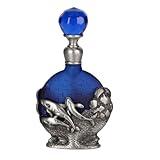 8ml Refillable Glass Perfume Bottle with Antique Silver Dophin Figurine Collectible - Empty Decorative Blue Bottle for Essential Oil Fragrance - Handpainted Enameled Gift Dresser Table Decor