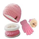 Girls Winter Hat Scarf Gloves Set for Cold Weather, Kids Beanie Hat Infinity Scarf Knitted Gloves Sets PInk Knit Thick Warm Fleece Lined Thermal Set for 6-10 Years Old Boy Baby Toddler Children