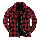 Mens Fleece Jacket Sherpa Lined Zip Up Buffalo Plaid Flannel Coat Casual Long Sleeve Warm Fall Winter Outwear Red