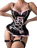 Mixxmix Lingerie Sets for Women Sexy Lace Babydoll Lace Up Corset Bodysuit Boudoir Shoot Black L