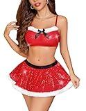 Avidlove Christmas Lingerie Sets Sexy Santa Costumes Mesh Babydoll Teddy Sheer Top with Skirt Red XL