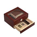 Desktop Cigar Humidor, Glass Top Cigar Humidor Spanish Cedar Wood Cigar Humidor Box with Hygrometer, Handcrafted Cigar Box holds 25-50 Counts, Humidor Cigar Box for Men Cigar Gifts, Walnut Texture