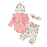 mlpeerw Newborn Baby Girl Clothes Outfits New To The Crew Bodysuit Romper Floral Pants Headband Hat Coming Home Outfit (A Pink new to the crew, 3-6 Months)