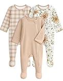 Unnivoll Baby Pajamas 100% Cotton Baby Sleepers for 0-3 Months 3Pcs Footie Pajamas Baby Boys Girls Clothes, Soft Infant Footed PJs with Mitten Cuffs, Two Way Zipper, Long Sleeve Orange Flower