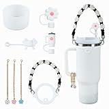 Stanley Cup Accessories Set - Includes 1 Pcs Handle Strap, 1 Pcs Floral 1 Pcs Milk Tea Cup and 1 Pcs Bow Straw Cap, 1 Pcs Cup Sleeve, 3 Pcs Floral Pendants for 40oz Tumbler (White)