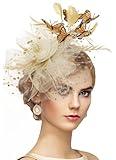 Zinniday White and Gold Butterfly Fascinator - 1920s 50s Feather Flower Tea Party Hats for Women Tea Lady Girls Party Attire Derby Headwear, Elegant Kentucky Hat 2025 with Hair Clip