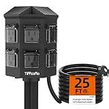 TiFFCOFiO Outdoor Power Strip Weatherproof, 25 FT Extension Cord with Stake, 6 Grounded Outlets for Yard, Garden and Pool, 15A/1875W, ETL Listed