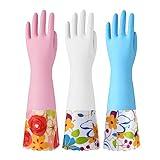 Bamllum 3 Pairs Rubber Cleaning Gloves, Household Kitchen Dishwashing Gloves with Cotton Flocked Liner, Long Cuff 16 Inches, Reusable, Non-Slip (Medium, Blue+Pink+White)