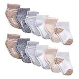 Hanes Baby and Toddler, Non-Slip Grip Ankle Socks, Boys' and Girls', Multipacks, White, Grey, Heather Blue, Brown, Khaki-12 Pack, 12-24 Months