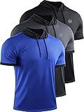 NELEUS Men's Running Shirt Workout Athletic Shirts with Hoodie Pack of 3,5112,Black/Grey/Blue,Large