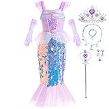 Luzlen Little Girls Mermaid Princess Costume Sequins Party Dress for Toddler Kids Baby Halloween Dress Up with Accessories, Purple, 7-8 Years(Tag 150)