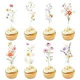 COMNICO 40pcs Wildflower Party Cupcake Toppers Cake Decorations for Floral Birthday Baby Shower Party Decorations