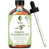 SVA Eucalyptus Essential Oil Organic – 4 Fl Oz – 100% Natural Organic Eucalyptus Oil - for Diffuser, Hair, Face, Skin Care, Aromatherapy, Scalp and Body Massage, Soap and Candle Making - with Dropper