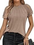 AUTOMET Womens Tshirts Trendy Fashion Tops Lace Short Sleeve Business Tee Shirts Casual Knitted Blouses Summer Outfits 2024 Khaki M