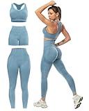 SALSPOR 3 Piece Workout Sets for Women Butt Lifting Leggings with High Impact Sports Bra Gym Shorts Activewear Matching Set(3DWX-Washed Blue-M)
