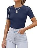 ZESICA Women's Short Sleeve Sweater Tops 2025 Summer Crewneck T Shirt Ribbed Knit Slim Fit Basic Solid Color Tee,Navy,X-Small