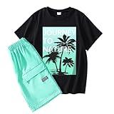 DUIDIC 2 Piece Tween Boys Outfits, Letter Graphic T-Shirt & Cargo Shorts Set - Short Sleeve Tee and Comfy Shorts for Kids (Green, 10 years)