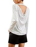 Womens Long Sleeve Sparkle Top Flowy Backless Top Shirt Elegant Crew Neck Draped Back Sequin Top Shiny Vegas Outfits Holidays Fashion Silver White M