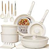 Astercook Ceramic Non-stick Cookware 21 Pcs Pots and Pans Set, Detachable Handle, RV Kitchen Non Stick Cooking Set Removable Handles, Oven Safe, Induction Ready, Stackable, Cream White