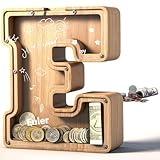 UBeesize Large Piggy Banks for Boys Girls，Twenty-Six English Alphabet,Wooden Personalized Bills and Coins Bank Money Bank,DIY Name Birthday Gift,Bedroom Living Room Decoration(E)