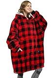 Catalonia Buffalo Plaid Oversized Wearable Blanket Hoodie Sweatshirt, Comfortable Sherpa Lounging Pullover for Adults Men Women Wife Girlfriend Gift