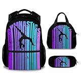 NICEFORNICE Kids Backpack with Lunch Box, Set of 3 Gymnastic School Backpacks Matching Combo for Girls, Aesthetic Black Bookbag and Pencil Case Bundle