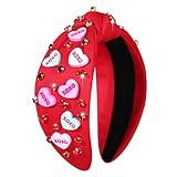 CEALXHENY Valentine's Day Headband for Women, XOXO Red Pink Beaded Heart Headbands with Rhinestone Crystal Knotted Jeweled Hairband, Valentine's Day Hair Accessories Gifts