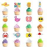 24CS Summer Beach Party Decorations Cupcake Toppers with Hawaiian Theme Pool Party Decorations Cupcake Picks Toppers Summer Party Cake，Coconut，Watermelon，Crab，Sun，Ball and So on Diversity Cute Design