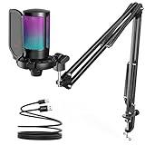 FIFINE Gaming PC USB Microphone, Podcast Condenser Mic with Boom Arm, Pop Filter, Mute Button for Streaming, Twitch, Online Chat, RGB Computer Mic for PC Gamer Youtuber-AmpliGame A6T