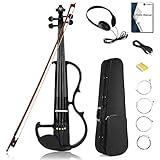 Vangoa Electric Violin Full Size 4/4, Black Silent Electric Violin, Solid Wood Metallic Electric Fiddle with Ebony Fittings, Beginner Kit for Adults Teens