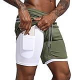 Leidowei Men's 2-in-1 Running Shorts Workout Jogger Gym Quick-Dry Bodybuliding Athletic Short with Pockets Green L