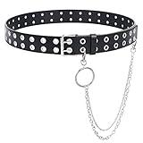 SUOSDEY Double Grommet Leather Belt with Detachable Chain for Women Men,Punk Black Belt with Double Studded Holes for Jeans