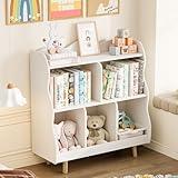 Treocho Kids Bookshelf and Toy Storage Orangizer, 3-Tier Wooden Children's Bookcase with Curve Design, 5 Cubbies Toy Storage Cabinet Display with Legs for Children's Room, Playroom, School, White