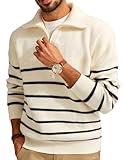 PJ PAUL JONES Mens Sweater Cable Knitted Striped Sweater Half Zip Regular Fit Fisherman Pullover Sweater Beige