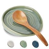 Seyatoo Ceramic Spoon Rest for Stove Top, Spoon Holder for Kitchen Counter, Farmhouse Cooking Utensil Holder for Spoons, Ladles, Spatula, Glazed Green